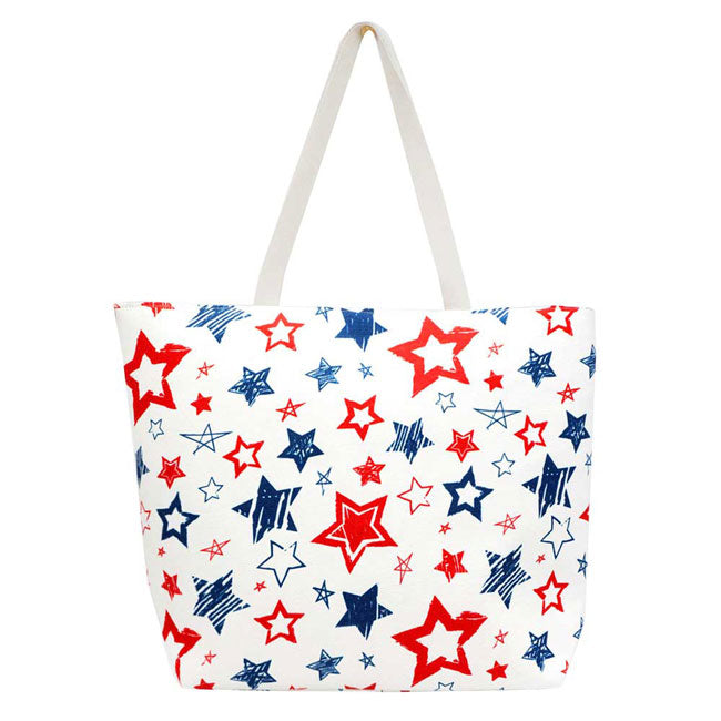 White American USA Flag Star Patterned Beach Tote Bag, Tote your beach-bound essentials in patriotic style tote done with an American Flag exterior. Keep your essentials safe on the move while still having standout style, roomy enough for toting all your items for a day out, whether its a day at the beach or poolside. Wherever you are, show your affection for our country.