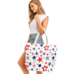 White American USA Flag Star Patterned Beach Tote Bag, Tote your beach-bound essentials in patriotic style tote done with an American Flag exterior. Keep your essentials safe on the move while still having standout style, roomy enough for toting all your items for a day out, whether its a day at the beach or poolside. Wherever you are, show your affection for our country.
