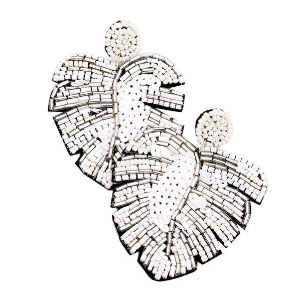 White Beaded Tropical Leaf Dangle Earrings. Look like the ultimate fashionista with these Earrings! Add something special to your outfit this Valentine! Special It will be your new favorite accessory. Perfect Birthday Gift, Mother's Day Gift, Anniversary Gift, Graduation Gift, Prom Jewelry, Valentine's Day Gift, Thank you Gift.