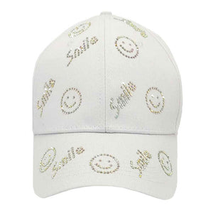 White Bling Smile Message Smile Face Patterned Baseball Cap, show your trendy side with this smile themed baseball cap Make You More Attractive And Charming Among The Crowd. Have fun and look Stylish. Great for covering up when you are having a bad hair day and still looking cool. Perfect for protecting you from the sun, rain, wind, snow on outdoor activities and You Protect Your Skin From Harmful Uv Rays And Keep Your Hair Away From Your Face And Eyes.