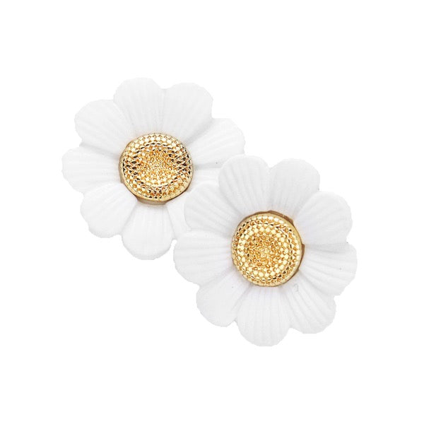 White Vibrant Bloom Flower Stud Earrings Floral Earrings, carefully crafted, delicately put together, these earrings will bring a lovely pop of color to your look, giving you the feeling that you have been touched by sunshine. Bright floral post earrings will coordinate with any ensemble from business casual to everyday wear