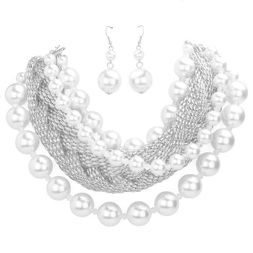 Bold Metal Braided Triple Layered Pearl Necklace - White