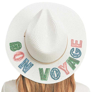 White Bon Voyage Sequin Message Straw Panama Sun Hat, a beautiful & comfortable Straw Panama Sun Hat is suitable for summer wear to amp up your beauty & make you more comfortable everywhere. Perfect for keeping the sun off your face and neck. It's an excellent gift item for your friends & family or loved ones this summer.