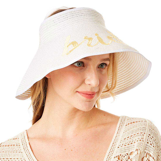 White Bride Message Roll Up Foldable Visor Sun Hat, This visor hat with Bride Message is Open top design offers great ventilation and heat dissipation. Features a roll-up function; incredibly convenient as it is foldable for easy storage or for taking on the go while traveling. This Summer sun  hat is perfect for walking along the beach,hanging by the pool, or any other outdoor activities.