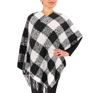 White Buffalo Check Pattern Plaid Check Print Fringe Poncho Outwear Cover Up, the perfect accessory, luxurious, trendy, super soft chic capelet, keeps you warm & toasty. You can throw it on over so many pieces elevating any casual outfit! Perfect Gift Birthday, Holiday, Christmas, Anniversary, Wife, Mom, Special Occasion