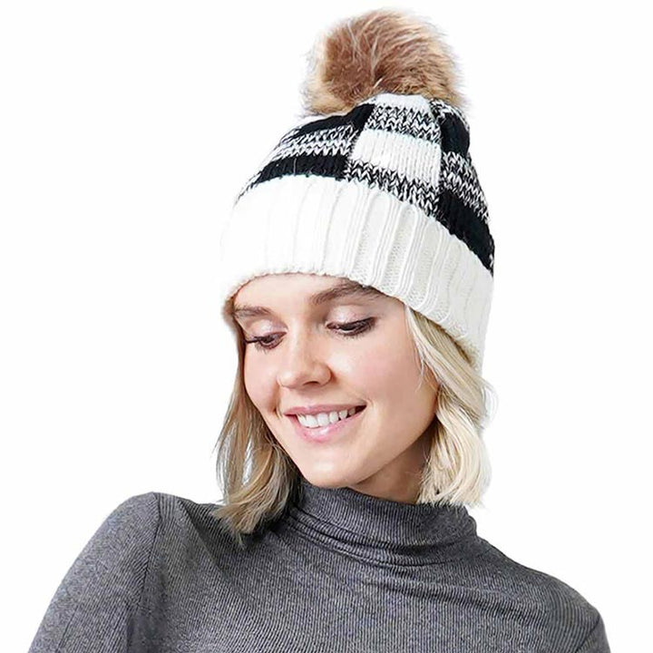 White Buffalo Check Pattern Faux Pom Pom Knit Beanie Hat, Before running out the door into the cool air, you’ll want to reach for this toasty beanie to keep you incredibly warm. Accessorize the fun way with this faux fur pom pom hat, its the autumn touch you need to finish your outfit in style. Awesome winter gift accessory!