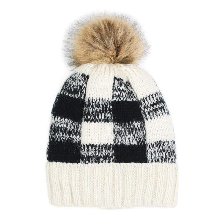 White Buffalo Check Pattern Faux Pom Pom Knit Beanie Hat, Before running out the door into the cool air, you’ll want to reach for this toasty beanie to keep you incredibly warm. Accessorize the fun way with this faux fur pom pom hat, its the autumn touch you need to finish your outfit in style. Awesome winter gift accessory!