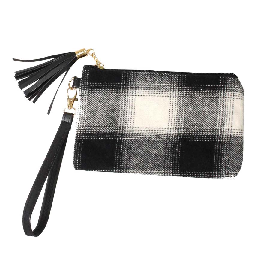 White Buffalo Check Wristlet Pouch Bag, includes a detachable strap that ensures easy carrying. Looks like the ultimate fashionista while carrying this trendy Buffalo Check Wristlet Pouch Bag! It will be your new favorite accessory to hold onto all your items. Easy to carry especially when you need hands-free and lightweight to run errands or a night out on the town. Fits your phone, wallet, keys, etc. Live hassle-free life!