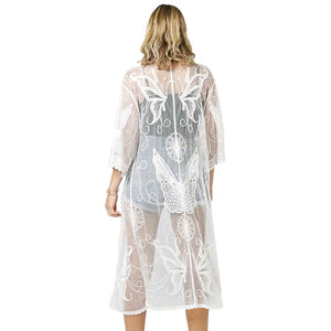 White Butterfly Lace Long Cover Up Kimono Poncho, an attractive lightweight Poncho that is made of soft and breathable material, amps up your beauty with a perfect attraction everywhere. Its eye-catchy butterfly design makes you stand out every time. Look perfectly breezy and laid-back as you head to the beach.
