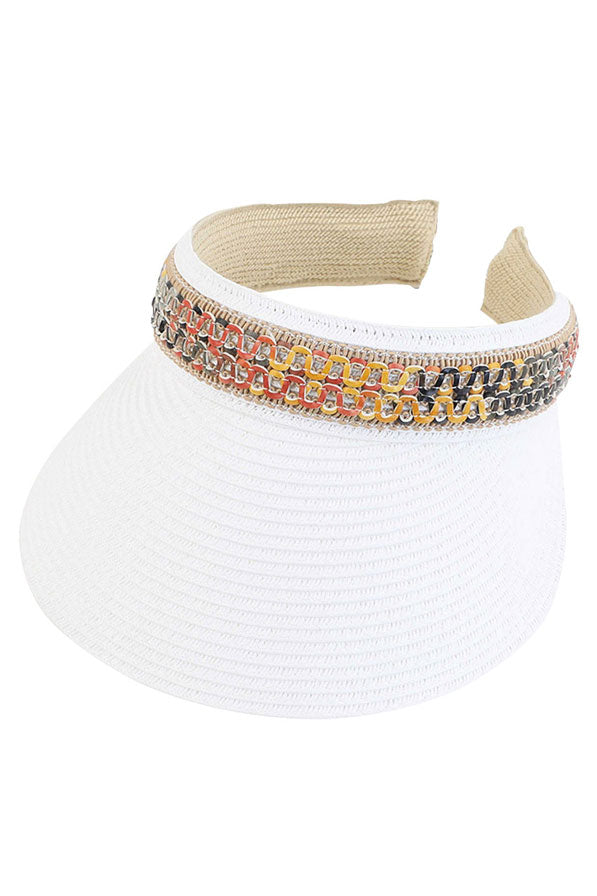 White C.C Faux leather Trim Band Sun Visor, suitable to wear even with various hair styles such as a ponytail Includes a plastic wire along the trim of the sun visor for increased durability. Features a roll-up function; incredibly convenient as it is foldable for easy storage or for taking on the go while traveling. Wonderful UV Protection Summer sun hat that is perfect for gardening, walking along the beach, hanging by the pool, or any other outdoor activities.