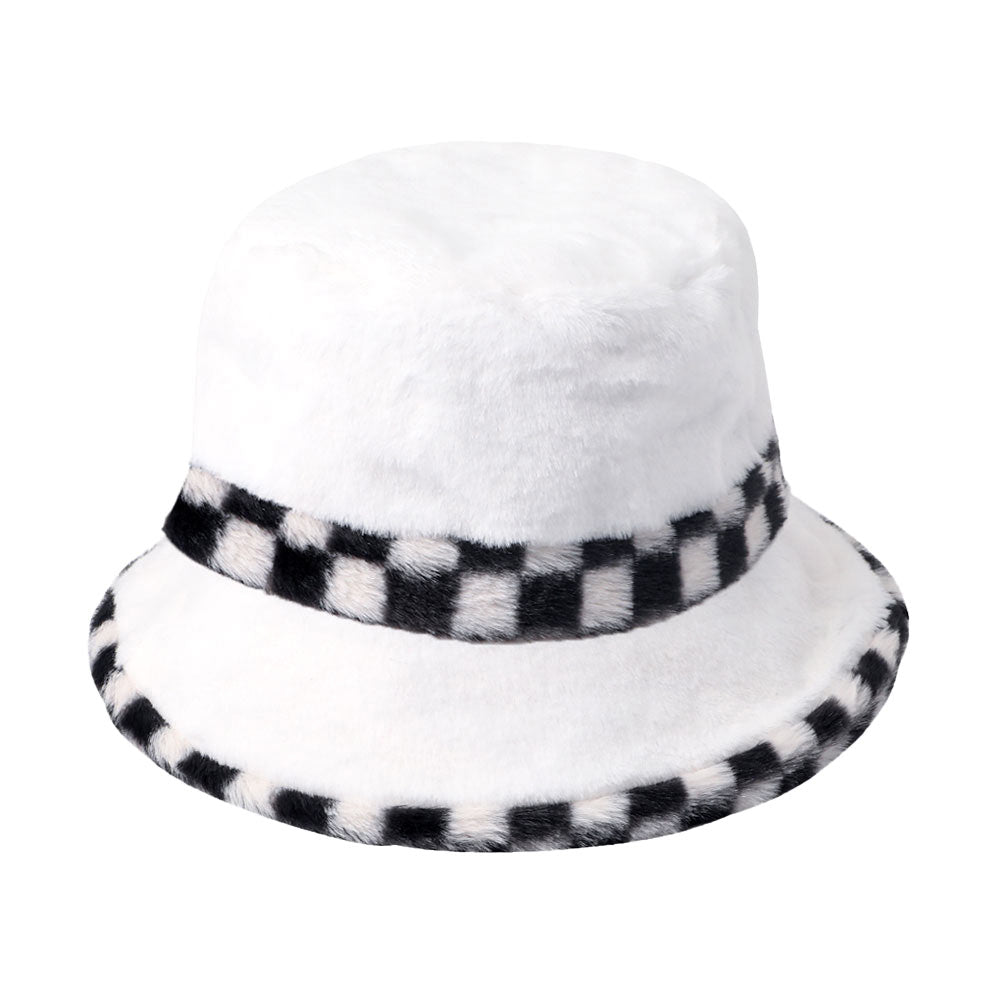 White Check Pattern Detailed Faux Fur Bucket Hat,  is a beautiful addition to your attire. Before running out the door into the cool air, you’ll want to reach for this toasty bucket hat to keep you incredibly warm. Accessorize the fun way with this check pattern faux fur bucket hat, it's the autumnal touch you need to finish your outfit in style. Show your trendy side with this lovely bucket hat. 