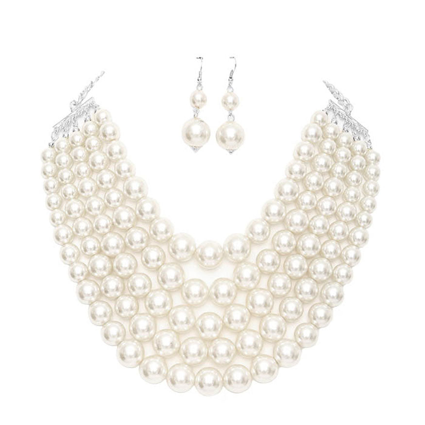 White Chunky Multi Strand Pearl Bib Necklace, dare to dazzle with this bejeweled necklace set, designed to accent the neckline, including dangle earrings, which are a perfect way to add sparkle to everything, showing off your elegance. Wear together or separate according to your event. Perfect Gift, Birthday, Anniversary, Prom, Mother's Day Gift, Sweet 16, Wedding, Quinceanera. 