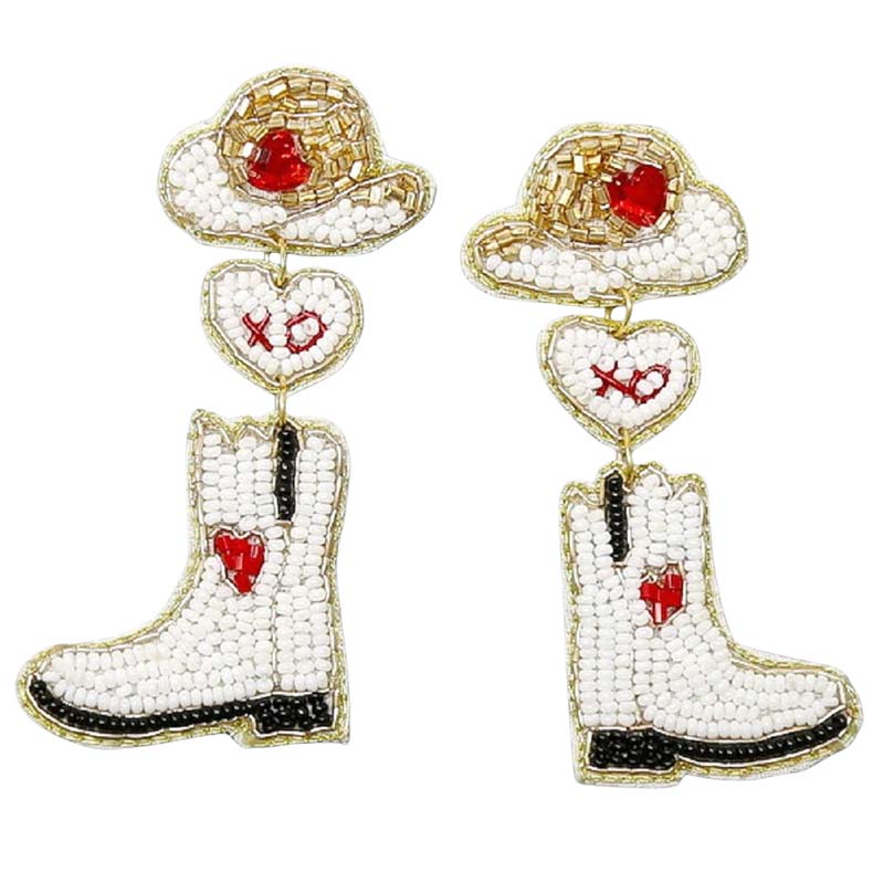 White Cowgirl Boots And Hat Heart Seed Bead Earrings, These boots earrings feature a cool, decidedly chic, and always fun. The seed bead earrings combine feminine boots, hat heart & cowgirl silhouette with a palette crafted entirely of seed beads. Fun handcrafted jewelry that fits your lifestyle adding a pop of pretty color. It is so comfortable to wear these lightweight cute earrings pair for every day of Valentine's week.
