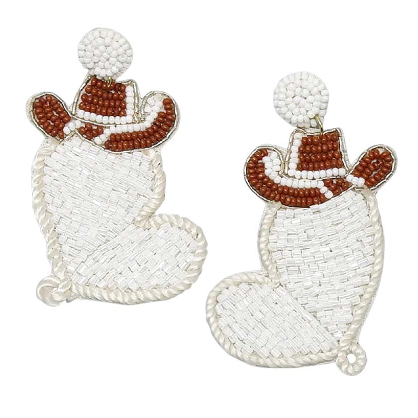 White Cowgirl Hat Heart Seed Bead Earrings, These hat heart earrings feature a cool, decidedly chic, and always fun. The seed bead earrings combine feminine boots, hat heart & cowgirl silhouette with a palette crafted entirely of seed beads. Fun handcrafted jewelry that fits your lifestyle adding a pop of pretty color. It is so comfortable to wear these lightweight cute earrings pair for every day of Valentine's week.