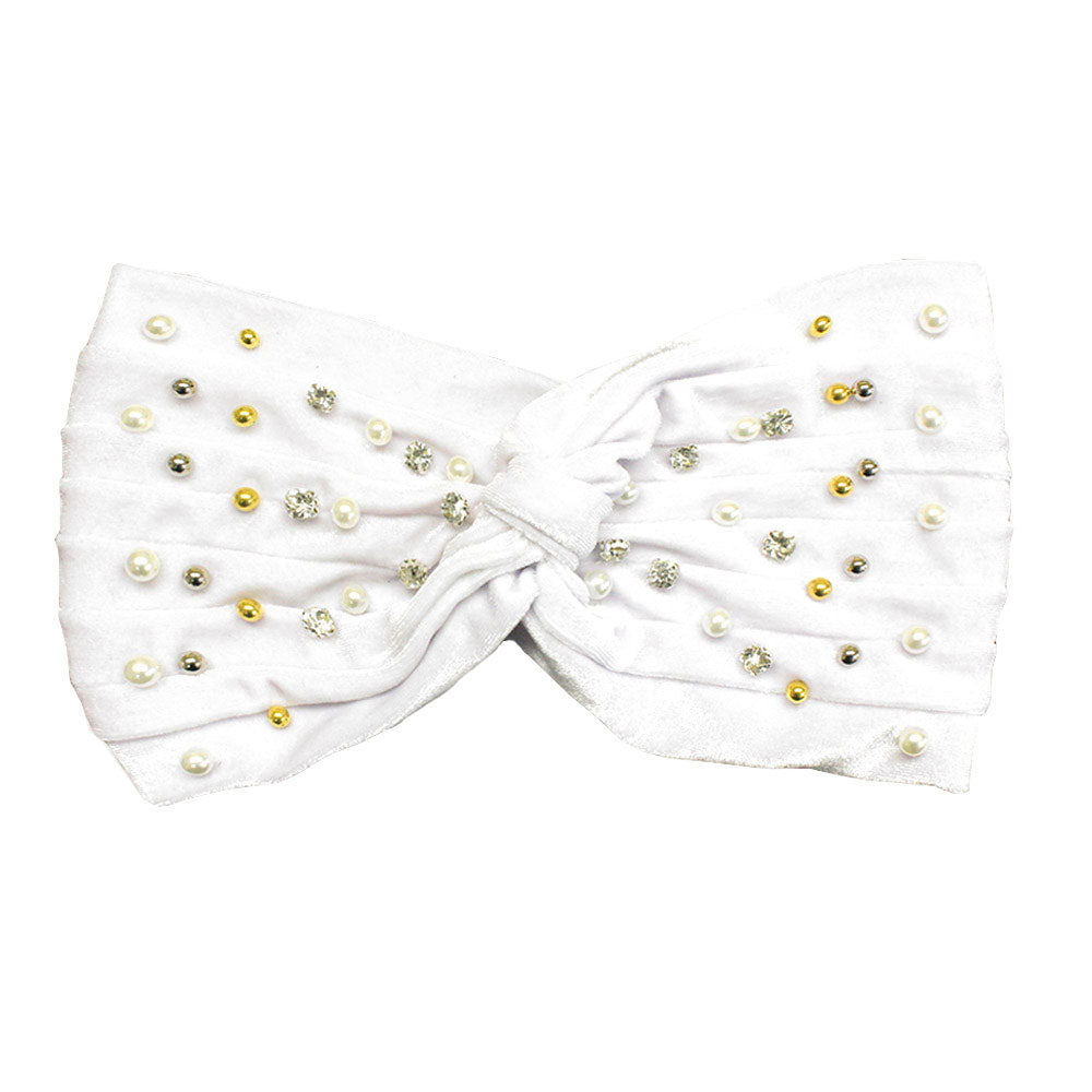 White Crystal Pearl Detailed Twisted Velvet Headband. Be ready to receive compliments. Be the ultimate trendsetter wearing this chic headband with all your stylish outfits! you will be protected in the harshest of elements, fit securely around your head against your ears and perfect for cold weather accessory