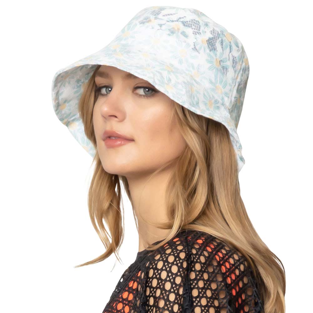 Black Daisy Flower Print Lace Bucket Hat, Before running out the door under the sun, you’ll want to reach for this daisy flower print Lace bucket hat for comfort & beauty. Perfect for that bad hair day, or simply casual everyday wear. It's the perfect outfit in style while on a beach, on a tour, outing, or party.