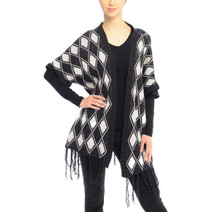 White Diamond Pattern Fringe Trim Poncho shawl, made in awesome design that amps up your look at anywhere, any places. Versatile enough to wear with any outfit in style with perfect comfort. Great for daily wear in the cold winter to protect you against chill. Perfect Gift for Wife, Mom, Birthday, Holiday, Anniversary, Fun Night Out, Valentine's Day, etc. Perfect winter accessory!