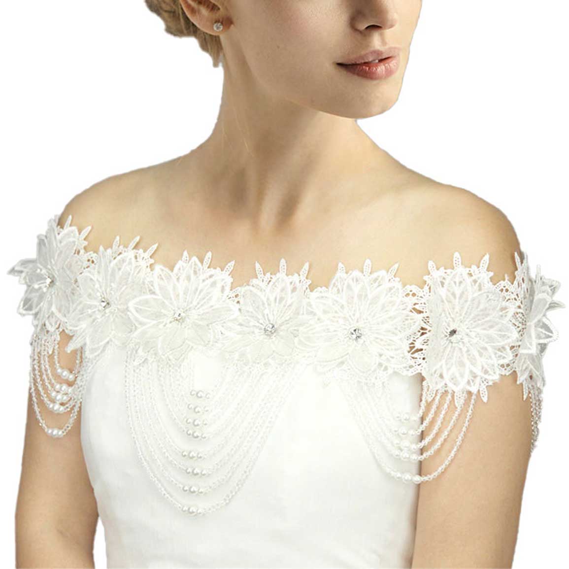 White Draped Floral Lace Wedding Shawl. Great shawl and wrap to match your evening dress but not cover it. Also can be fold down to a very slim size, perfect for  Bridal, Wedding, Evening Party, Formal and Special Occasion. Can be used as neckerchief, bride gift, or leaving present as well.