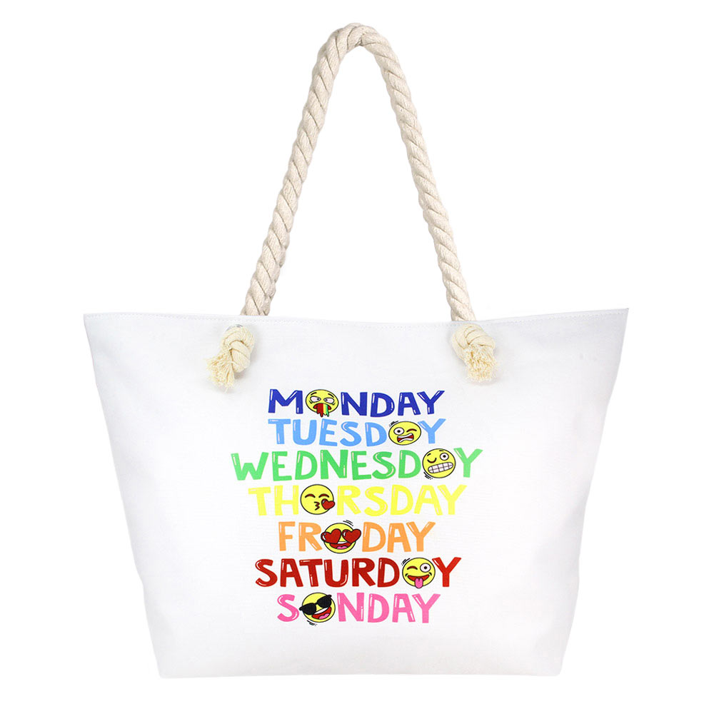 White Emoji Days Of The Week Print Beach Tote Bag, whether you're shopping, heading to the pool, or the beach, this emoji days of the week print tote bag is the perfect accessory. Keep your essentials safe on the go while still having standout style, roomy enough to tote all your items for a day. 