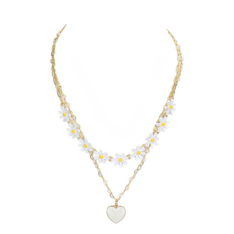White Enamel Heart Pendant Flower Link Double Layered Necklace, Get ready with these beautiful statement Pendant necklace Double Layered will bring a lovely put on a pop of color to your look. Bright Enamel Heart and floral design will coordinate with any ensemble from business casual to everyday wear. The beautiful combination of Flower and Heart themed necklace are the perfect gift for the women in our lives who love flower.