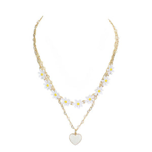 White Enamel Heart Pendant Flower Link Double Layered Necklace, Get ready with these beautiful statement Pendant necklace Double Layered will bring a lovely put on a pop of color to your look. Bright Enamel Heart and floral design will coordinate with any ensemble from business casual to everyday wear. The beautiful combination of Flower and Heart themed necklace are the perfect gift for the women in our lives who love flower.