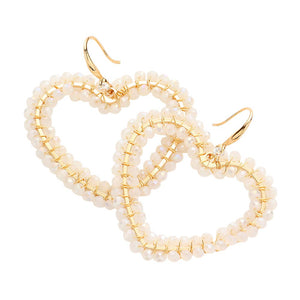 White Faceted Bead Wrapped Open Heart Dangle Earrings, take your love for statement accessorizing to a new level of affection with these bead heart earrings. Accent all of your dresses with the extra fun vibrant color with these heart-themed earrings.