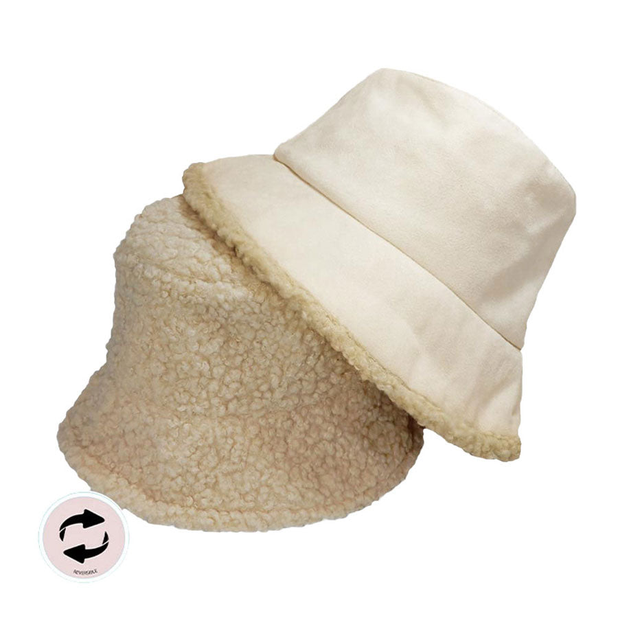 White Fashionable Winter Reversible Faux Fur Sherpa Bucket Hat, Before running out the door into the cool air, you’ll want to reach for these  Faux Fur Sherpa Bucket Hatto keep you incredibly warm and comfortable even when the sun is high in the sky.  Perfect for keeping the sun off of your face, neck, and shoulders.