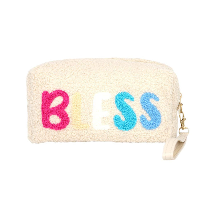 White Faux Fur Bless Pouch With Wristlet, this beautiful and Bless message-containing wristlet goes with any outfit and shows your trendy choice to make you stand out. perfect for carrying makeup, money, credit cards, keys or coins, etc. Comes with a wristlet for easy carrying. It's perfectly lightweight and simple. Put it in your bag and find it quickly with its eye-catchy colors. Great for running small errands while keeping your hands free.
