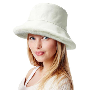 White Faux Fur Inside Brim Solid Bucket Hat, This solid Faux Fur bucket hat is nicely designed and a great addition to your attire. Have fun and look stylish anywhere outdoors. Great for covering up when you are having a bad hair day. Perfect for protecting you from the wind, snow & cold at the beach, pool, camping, or any outdoor activities in cold weather. This classic style is lightweight and practical and perfect for all occasions