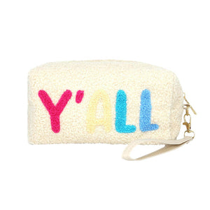 White Faux Fur Yall Pouch With Wristlet, this cute and message-containing wristlet goes with any outfit and shows your trendy choice to make you stand out. perfect for carrying makeup, money, credit cards, keys or coins, etc. Comes with a wristlet for easy carrying. It's perfectly lightweight and simple. Put it in your bag and find it quickly with its eye-catchy colors. Great for running small errands while keeping your hands 