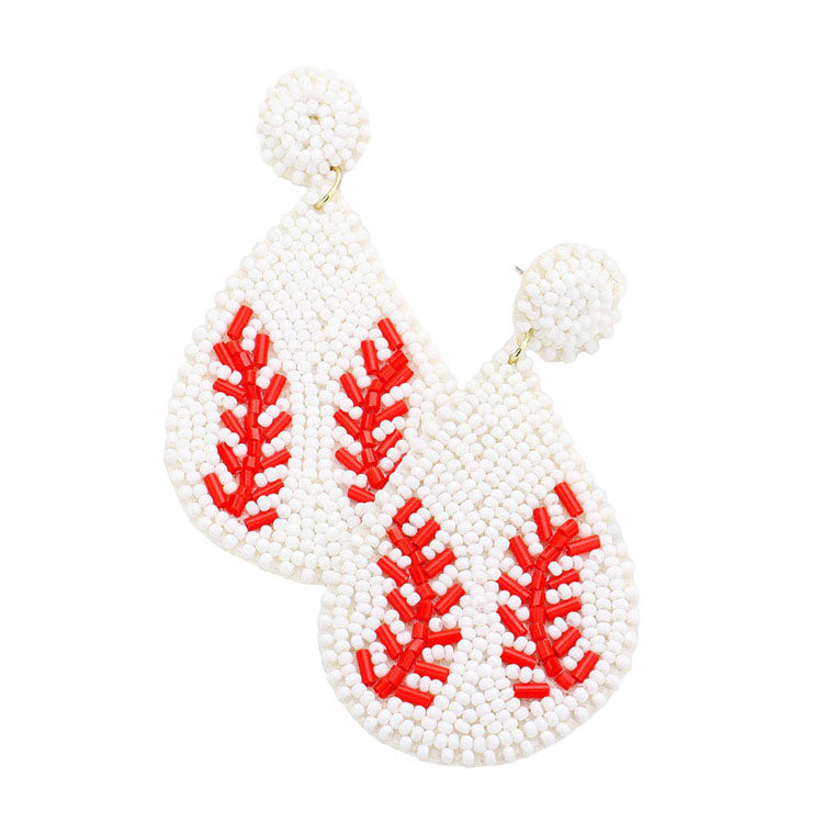 White Felt Back Baseball Seed Bead Teardrop Earrings. These fashionable trendy Teardrop earrings  are suitable for every girl! Wearing it you are a unique fashion in the crowd. These gorgeous earrings are unique in design, light and sparky. Perfect for Valentine’s Day, bachelorette party, Beach Party.