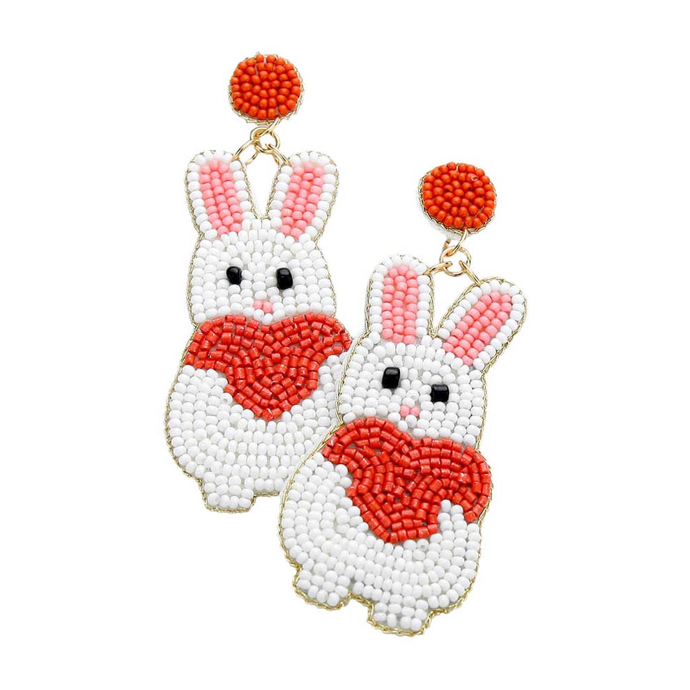 White Felt Back Seed Beaded Bunny Heart Dangle Earrings, take your love for accessorizing to a new level of affection with these bunny heart dangle earrings. Accent all of your dresses with the extra fun vibrant color with these bunny heart dangle earrings. Wear these lovely cute earrings to make you stand out from the crowd & show your trendy choice this valentine's. It is so fun to be able to have lightweight cute earrings for every day of Valentine's week. 
