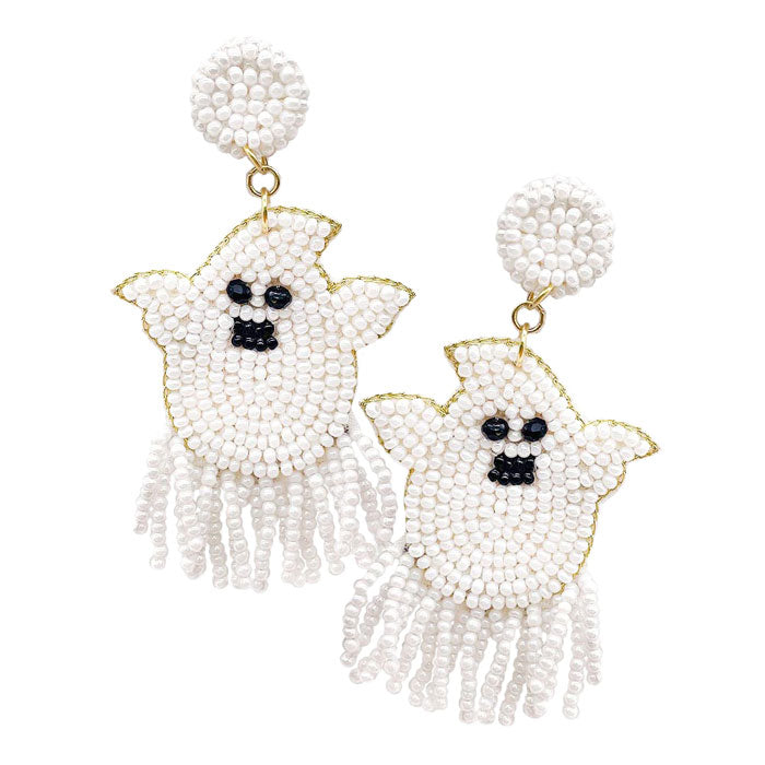 White Felt Back Seed Beaded Ghost Dangle Earrings, these Halloween earrings are lightweight and easy to carry, safe and durable, you can use them for a long time, and won't waste your space. Can be worn such as Halloween party, cosplay, costume party, birthday, events, festivals, stage performance and so on, you can match them with your Halloween clothes, add fun and give your different Halloween experience.