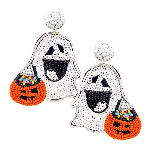 White Felt Back Sequin Seed Beaded Spooky Ghost Pumpkin Halloween Earrings, Halloween is the time of year where there is magic in the night when pumpkins glow with candlelight, we have the perfect dangle earrings to add an eerie, ghostly style to your look. Dress up & have a spook-takular time! Perfect for Halloween Night