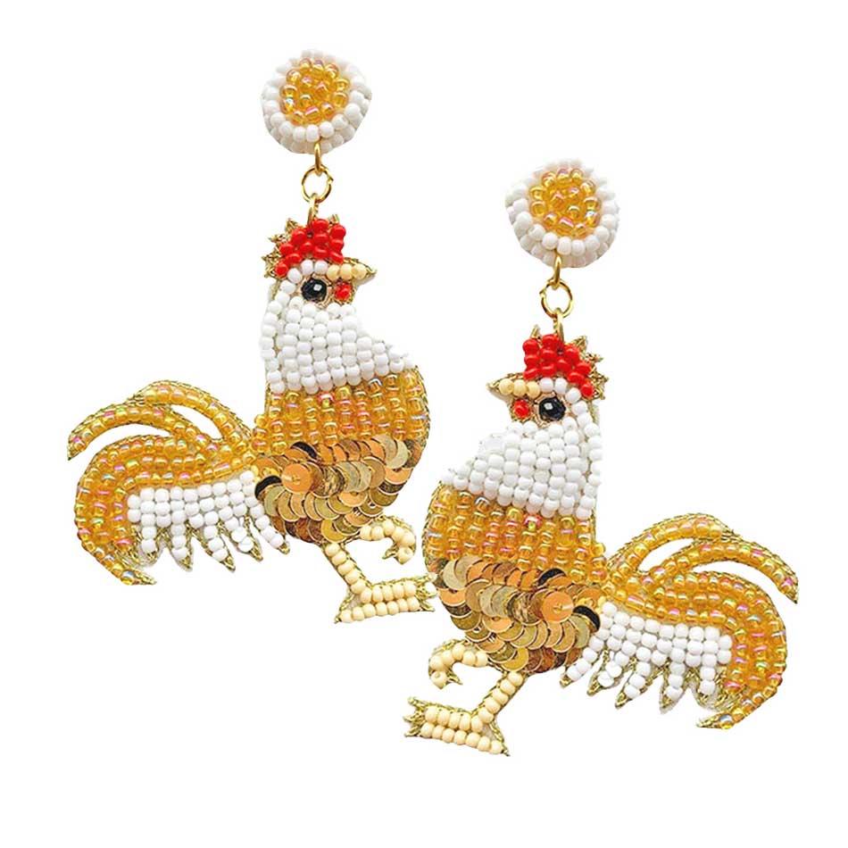 White Felt Back Sequin Seed Beaded Rooster Dangle Earrings, Seed Beaded Rooster dangle earrings fun handcrafted jewelry that fits your lifestyle, adding a pop of pretty color. Enhance your attire with these vibrant artisanal earrings to show off your fun trendsetting style. Lightweight and comfortable for wearing all day long. Goes with any of your casual outfits and Adds something extra special. Great gift idea for your Loving One.