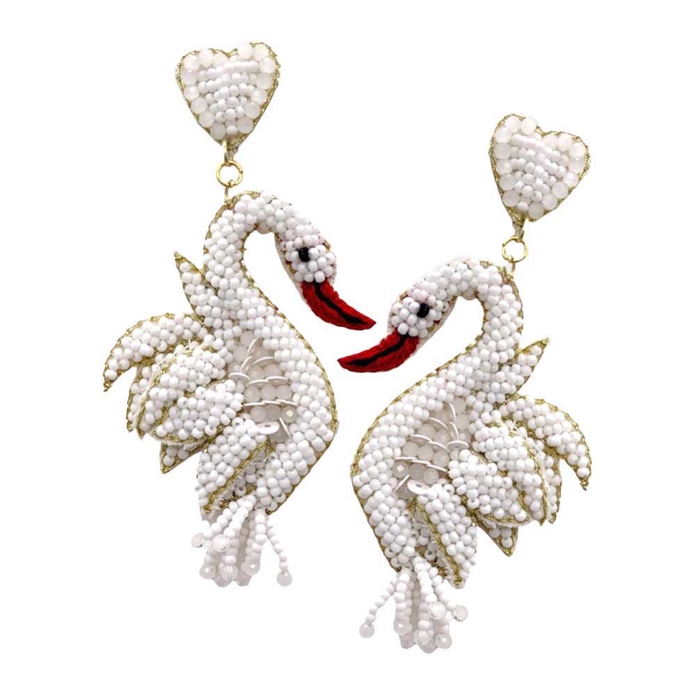 White Felt Back Sequin Seed Beaded Swan Dangle Earrings. Seed Beaded Swan dangle earrings fun handcrafted jewelry that fits your lifestyle. Enhance your attire with these vibrant artisanal earrings to show off your fun trendsetting style. Lightweight and comfortable for wearing all day long. Goes with any of your casual outfits and Adds something extra special. Great gift idea for your Loving One.