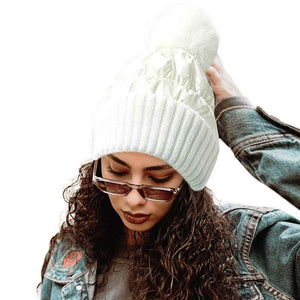 White Fleece Lining Puffer Knit Pom Pom Beanie Hat, Whether you're dressing up or dressing down, you'll look effortlessly stylish in this Knitted pom pom beanie. It provides warmth to your head and ears. Puffer Outer material creates a Shiny and Metallic outlook. Daily wear and holiday also match. Perfect gift idea too!