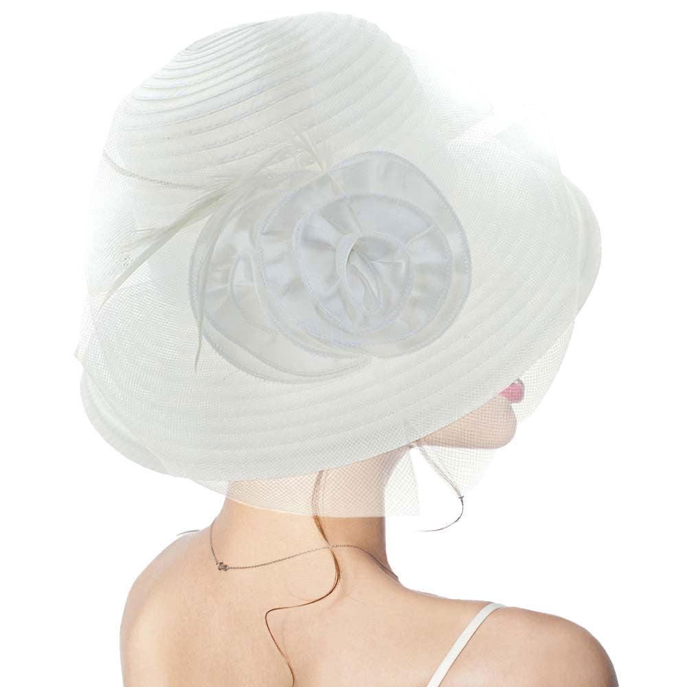 White Flower Feather Accented Dressy Hat. Stylish Stunning ladies hat designed with a Feather Mesh Dressy hat, noble, This Beautiful, Timeless, Classy and Elegant Vintage Inspired Feather Fascinator Hat is Suitable for as a Wedding Fascinator,Themed Tea Party Hat, Garden Party, Easter,Church, Cocktail Hat etc.