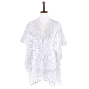 White Flower Sheer Lace Cover Up Kimono Poncho, Look perfectly breezy and laid-back as you head to the beach. the perfect accessory featuring a floral design prints easy to pair with so many tops! From stylish layering camis to relaxed tees, you can throw it on over so many pieces elevating any casual outfit! Suitable to wear holiday, outwear, vacation, hanging out, Fun Night Out.