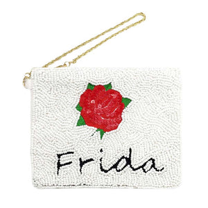 White Frida Beaded Rose Flower Mini Pouch Bag, this awesome Frida beaded Rose Flower mini pouch bag goes with any outfit and shows your trendy choice to make you stand out. Perfect for carrying makeup, money, credit cards, keys or coins, etc. It's lightweight and perfect for easy carrying.  Stay comfortable & trendy!