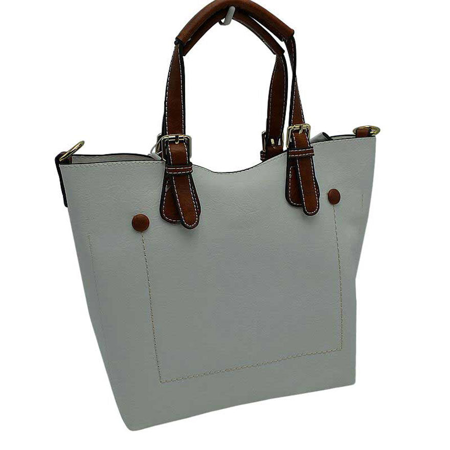 White Genuine Leather Tote Shoulder Handbags For Women. Ideal for everyday occasions such as work, school, shopping, etc. Made of high quality leather material that's light weight and comfortable to carry. Spacious main compartment with magnetic snap closure to safely store a variety of personal items such as wallet, tablet, phone, books, and other essentials. One interior open pocket for small accessories within hand's reach.
