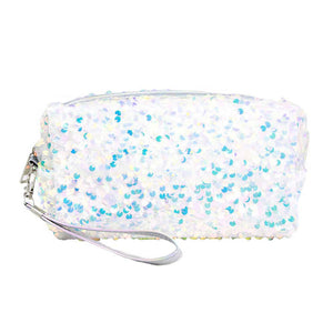 White Glitter Sequin Cosmetic Pouch Bag, like the ultimate fashionista even when carrying a small pouch for your money or credit cards, place your makeup, use as a cosmetic bag, use as a students pencil case, essential oil case or drop in your bag & put phone, keys, coins, credit card, etc.  Great for when you need something small to carry or drop in your bag. Makes shopping super easy without having to lug around a huge purse!
