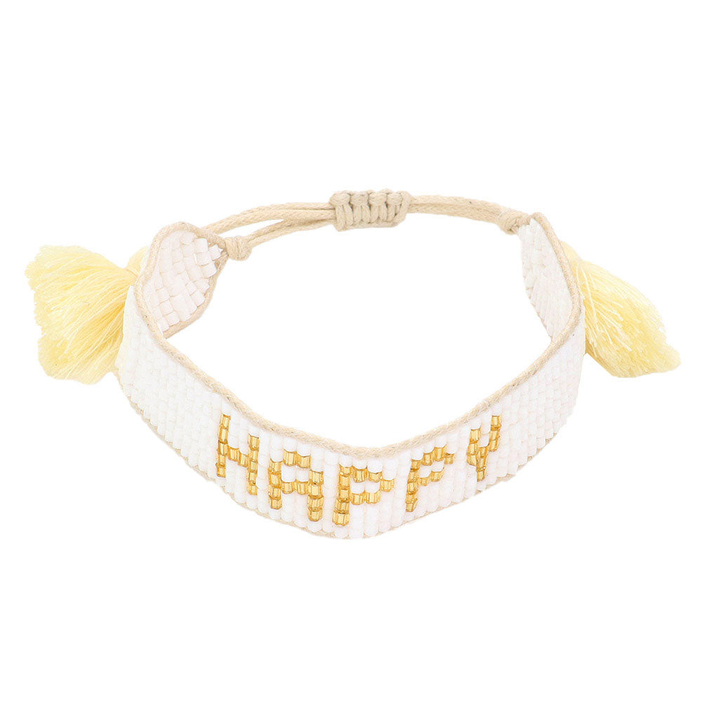 White Happy Message Beaded Tassel Cinch Bracelet. Get ready with these Stretch Bracelet, put on a pop of color to complete your ensemble. This message theme cinch Bracelet will makes you feel elegant and stylish. Perfect gift for Birthday, Anniversary, Christmas, Just Because, as well as for the women in your lives.