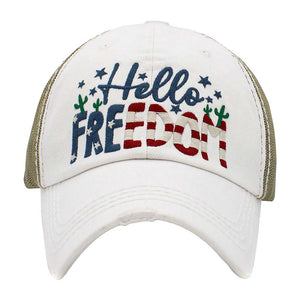 White Hello Freedom Message Mesh Back Vintage Baseball Cap, show your love for Your country with this sweet patriotic Hello Freedom Message Mesh Back Vintage Baseball Cap. Great for Election Day, National Holidays, Flag Day, 4th of July, Memorial Day, and Labor Day. Perfect gift for any national holiday and occasion.