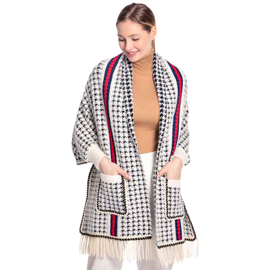 White Houndstooth Patterned Poncho, is the perfect representation of beauty and comfortability for this winter. It will surely make you stand out with its beautiful color variation. It goes with every winter outfit and gives you a unique yet beautiful outlook everywhere. You can throw it on over so many pieces elevating any casual outfit! Perfect Gift for Wife, Mom, Birthday, Holiday, Christmas, Anniversary, Fun Night Out. Stay warm and toasty!