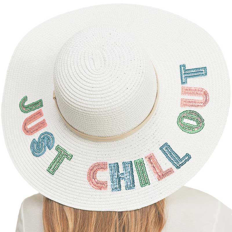 White Just Chill Out Sequin Message Straw Panama Sun Hat, a beautiful & comfortable Straw Panama Sun Hat is suitable for summer wear to amp up your beauty & make you more comfortable everywhere. It's an excellent gift item for your friends & family or loved ones this summer.