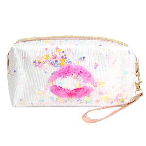 White Kiss Lips Shaker Glitter Pouch Bag. Show your trendy side with this awesome pouch bag. Have fun and look stylish. Versatile enough for carrying straight through the week, perfectly lightweight to carry around all day. Perfect Birthday Gift, Anniversary Gift, Mother's Day Gift, Graduation Gift, Valentine's Day Gift.