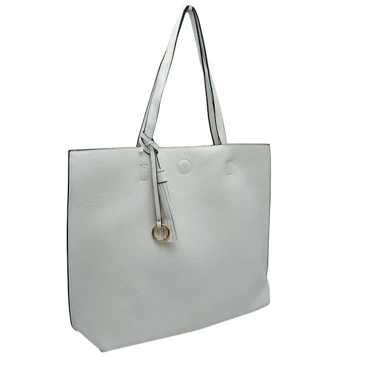 White Large Tote Reversible Shoulder Vegan Leather Tassel Handbag, High quality Vegan Leather is a luxurious and durable, Stay organized in style with this square-shaped shopper tote purse that is fully reversible for two contrasting interior and exterior solid colors. This vegan leather handbag includes an on-trend removable tassel embellishment. Guaranteed, This will be your go-to handbag. 