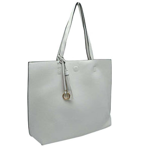 White Large Tote Reversible Shoulder Vegan Leather Tassel Handbag, High quality Vegan Leather is a luxurious and durable, Stay organized in style with this square-shaped shopper tote purse that is fully reversible for two contrasting interior and exterior solid colors. This vegan leather handbag includes an on-trend removable tassel embellishment. Guaranteed, This will be your go-to handbag. 