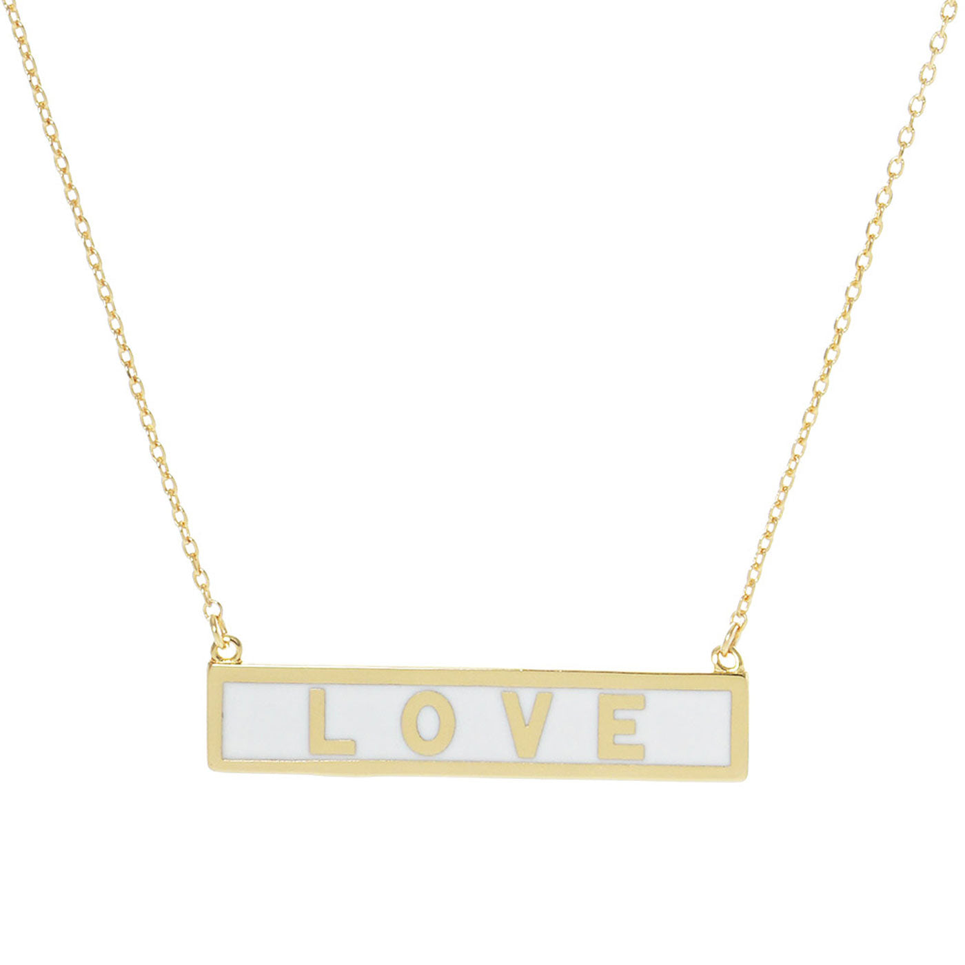 White Love Gold Dipped Enamel Rectangle Message Pendant Necklace. Beautifully crafted design adds a gorgeous glow to any outfit. Jewelry that fits your lifestyle! Perfect Birthday Gift, Valentine's Gift, Anniversary Gift, Mother's Day Gift, Anniversary Gift, Graduation Gift, Prom Jewelry, Just Because Gift, Thank you Gift.